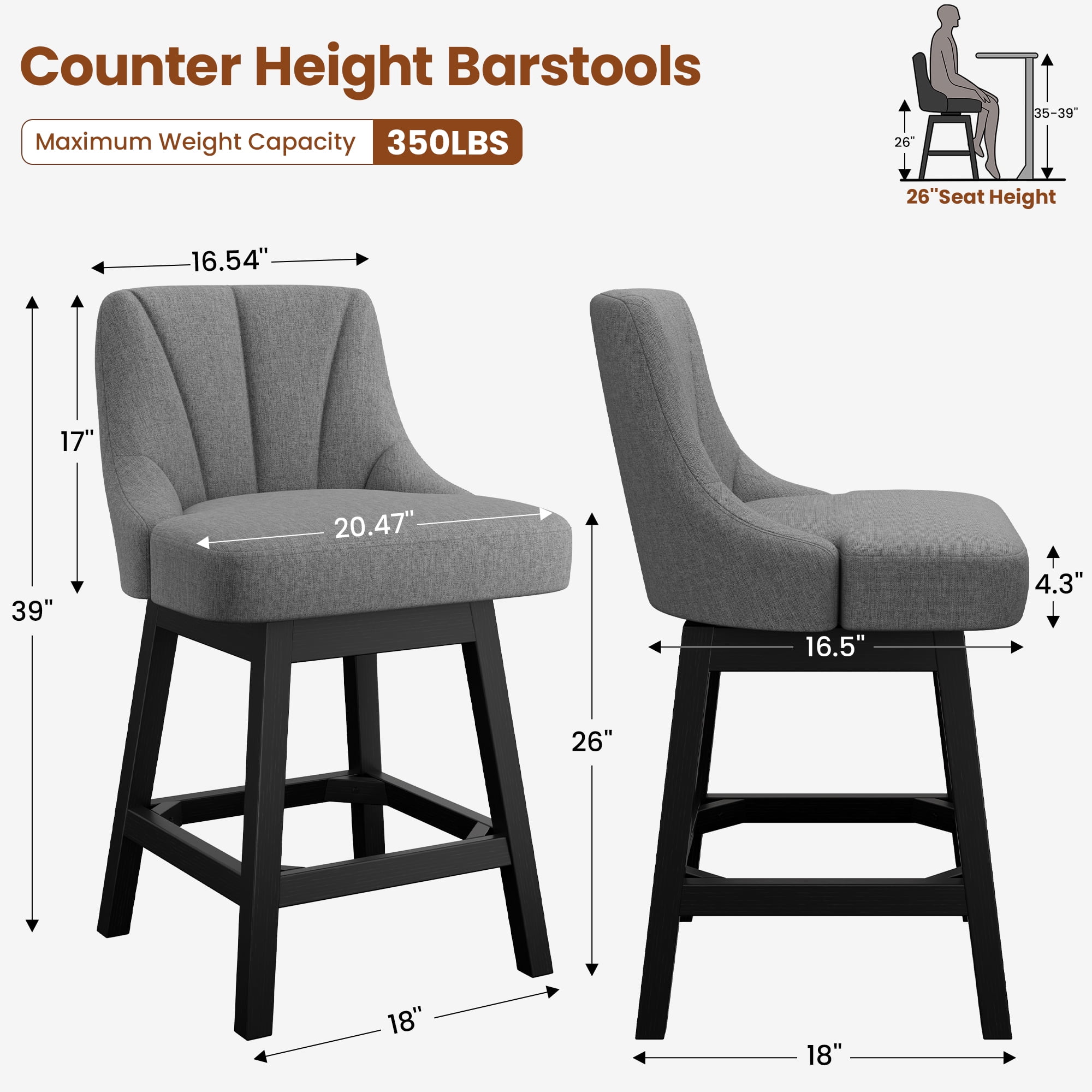 LainTene 26" Swivel Bar Stools with Backs, 26" Counter Height Bar Stools, Extra Upholstered Counter Barstools with Square Solid Wood Legs for Kitchen Island, Dining Room
