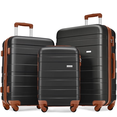 KUUFER 3 Piece Set Suitcase Spinner Hardshell Lightweight TSA Lock, Expandable Luggage Set, Black