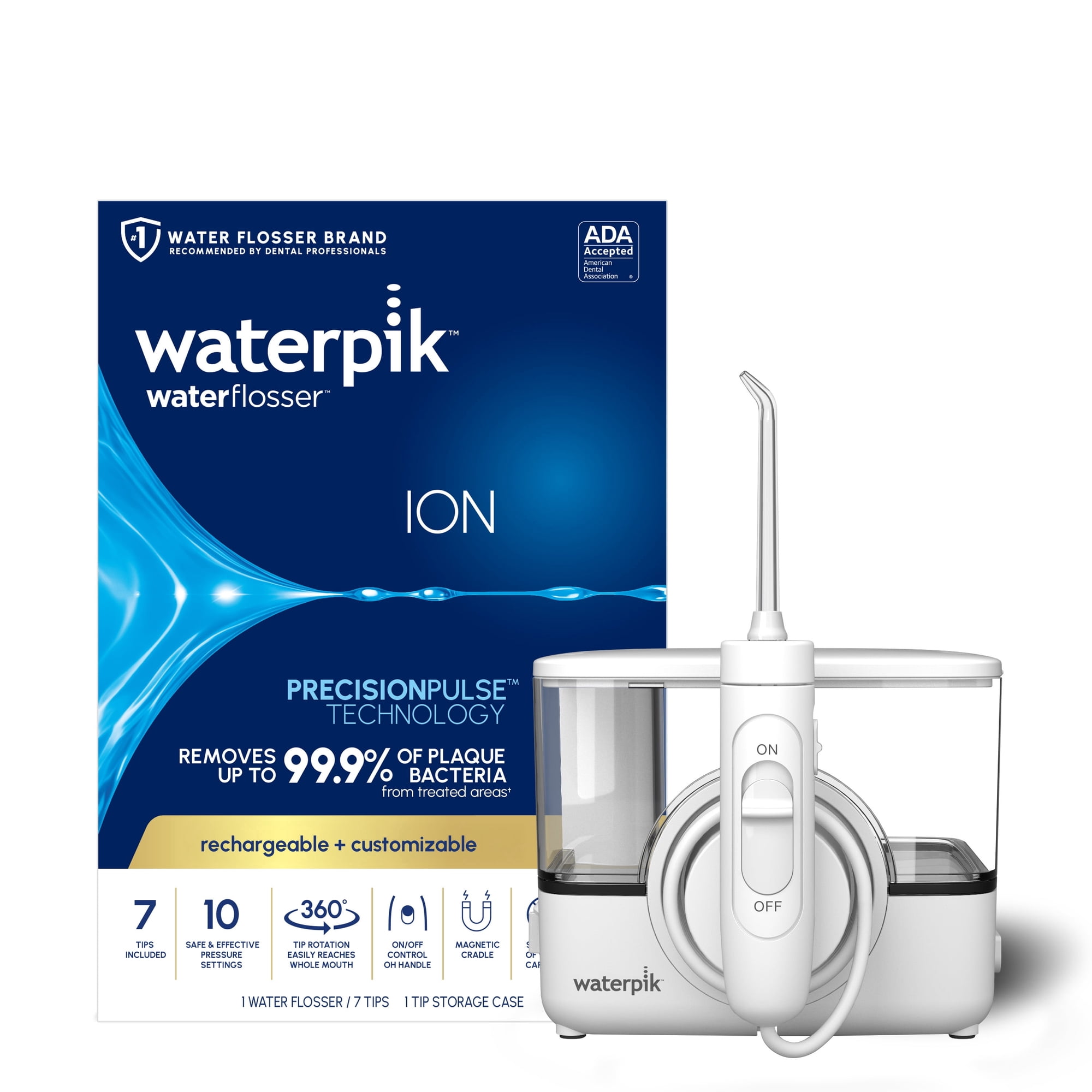 Waterpik ION Professional Water Flosser, Rechargeable and Portable, 10 Settings, 7 Flossing Tips, ADA Accepted, White