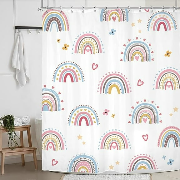 Girls Boho Rainbow Shower Curtain Kids Cartoon Cute Colorful Bohemian Rainbow Bathroom Curtain Lovely Love Heart Stars Blue Pink Baby Boys Nursery Fabric Bathroom Decor 36"W x 72"L