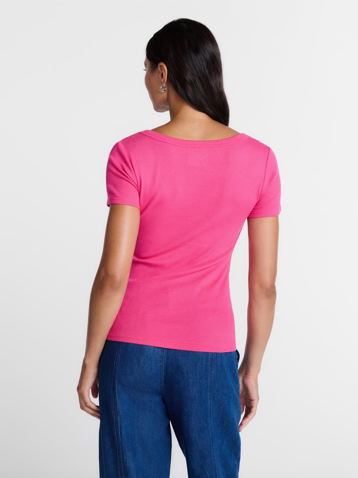 Time and Tru Women's Ribbed Scoop Neck Tee with Short Sleeves, Sizes XS-XXXL