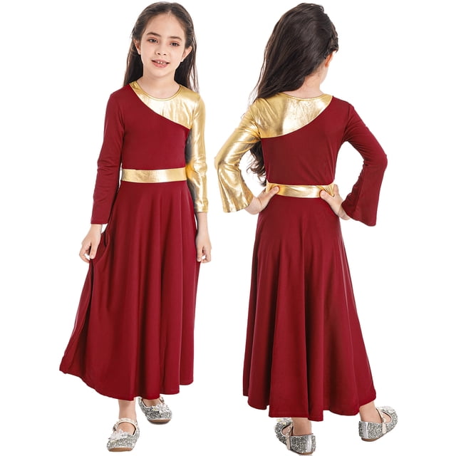 dPois Robe de Danse de Louange à Manches Longues pour Filles, Costume de Culte Pleine Longueur, Robe d'Église Asymétrique Rouge 8