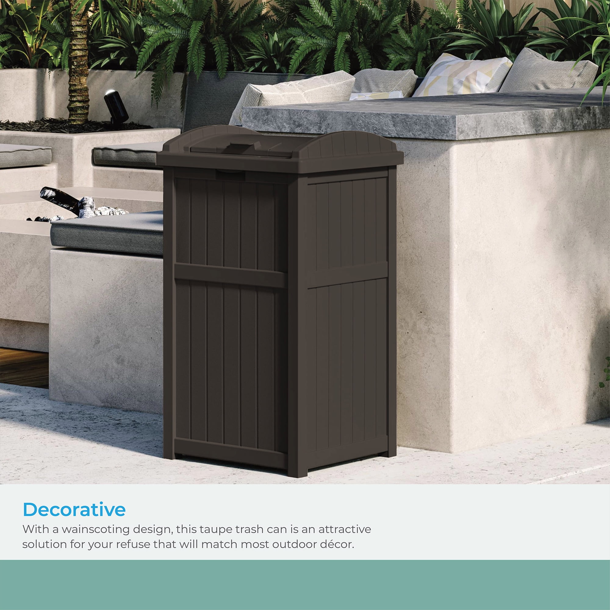 Suncast Resin Hideaway Outdoor Trash Can with Latching Lid, Java