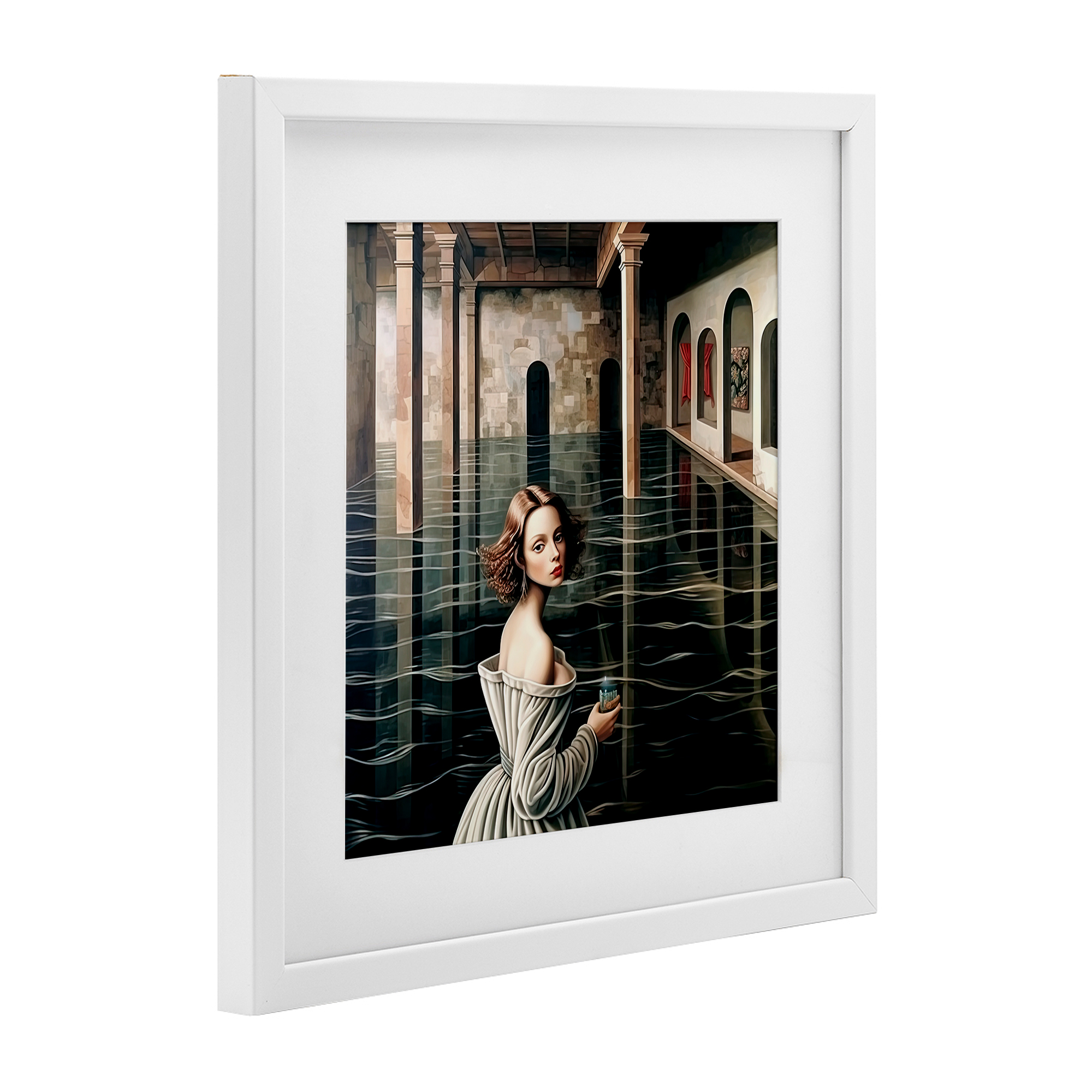 Portal Of Reflections White Framed Print Under Glass, design by Sasha
