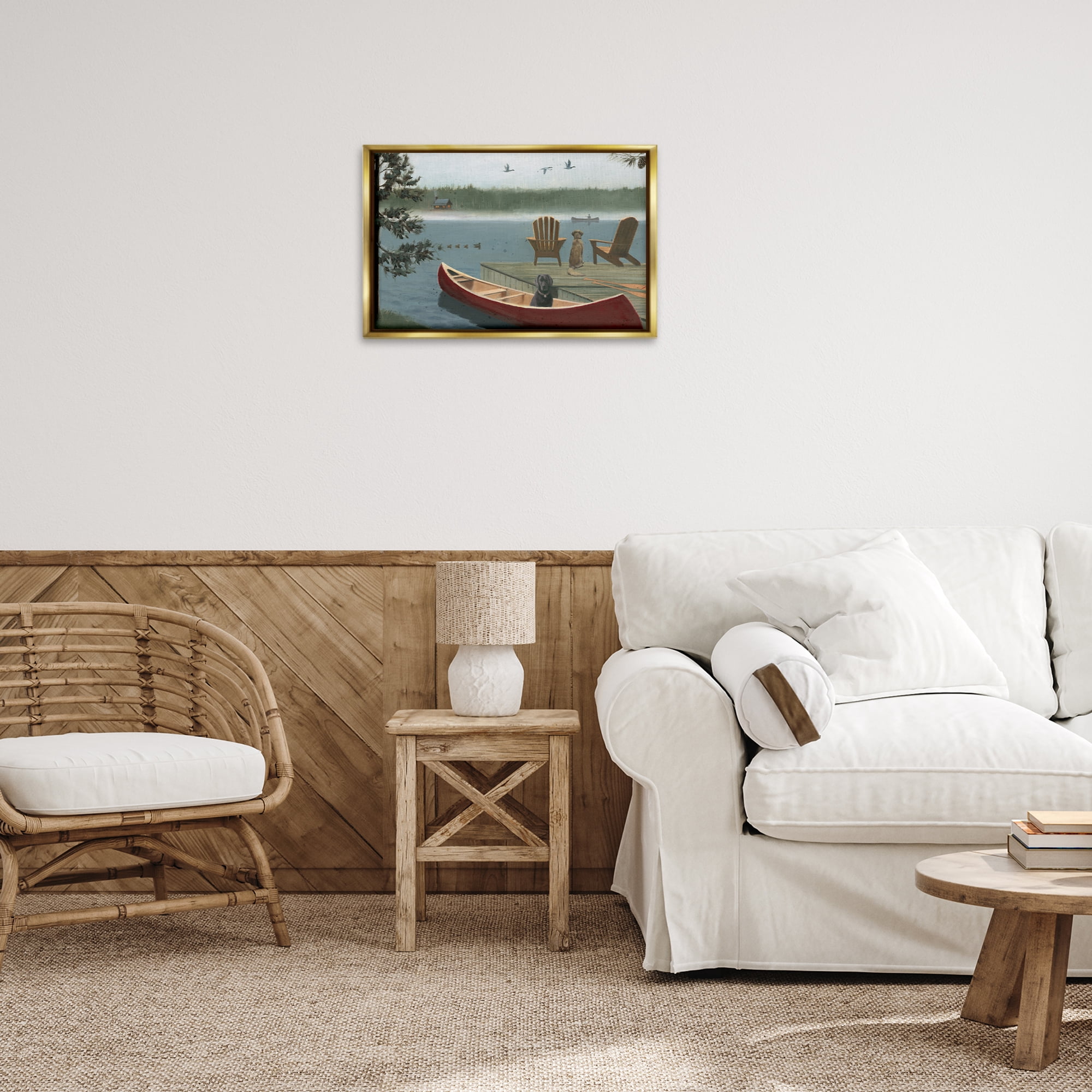 Stupell Industries Dogs on Lake Dock Landscape & Nature Painting Gold Floater Framed Canvas Art Print Wall Art, 25 x 17