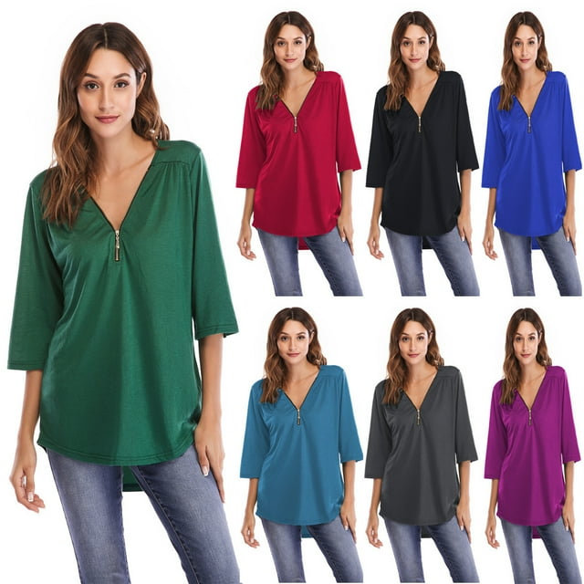 Tralilbee New Fashion Versatile Plus Size 16XL Half Sleeve Shirt Ruched Zipper Loose Casual T-Shirt