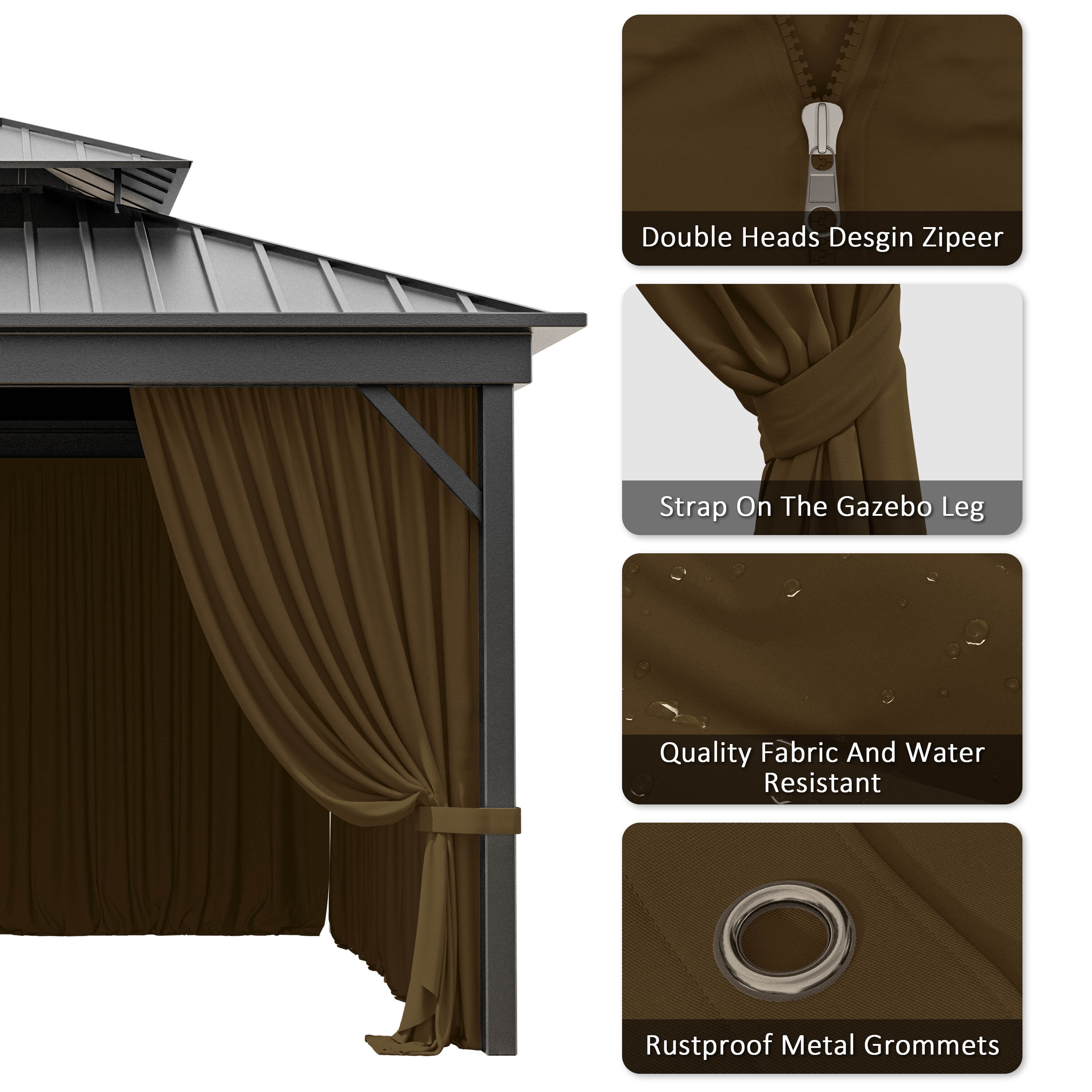 Kimunuk Outdoor Replacement Curtains for 10' X 10' Gazebo, Waterproof 4-Panels Chocolate Gazebo Universal Privacy Sidewall Curtains with Zipper for Patio Garden Backyard, Curtain Only