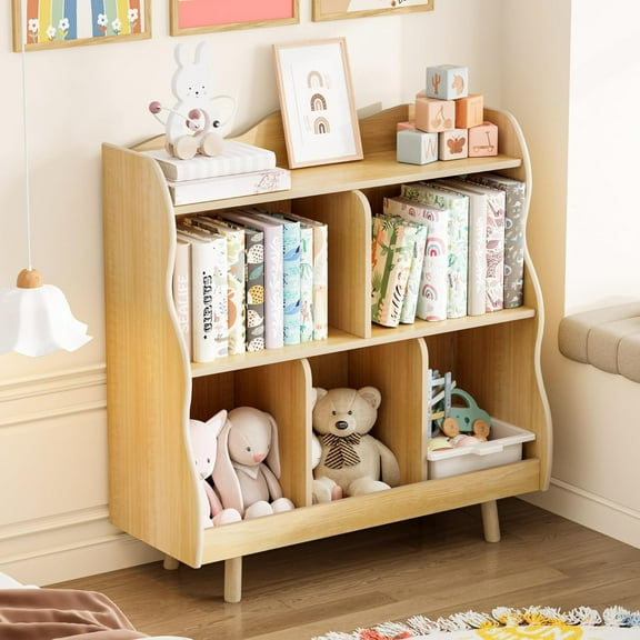 CF Kids Bookshelf and Toy Storage Orangizer, 3-Tier Wooden Children's Bookcase with Curve Design, 5 Toy Storage Cabinet Display with Legs for Children's Room, Playroom, School, Natural
