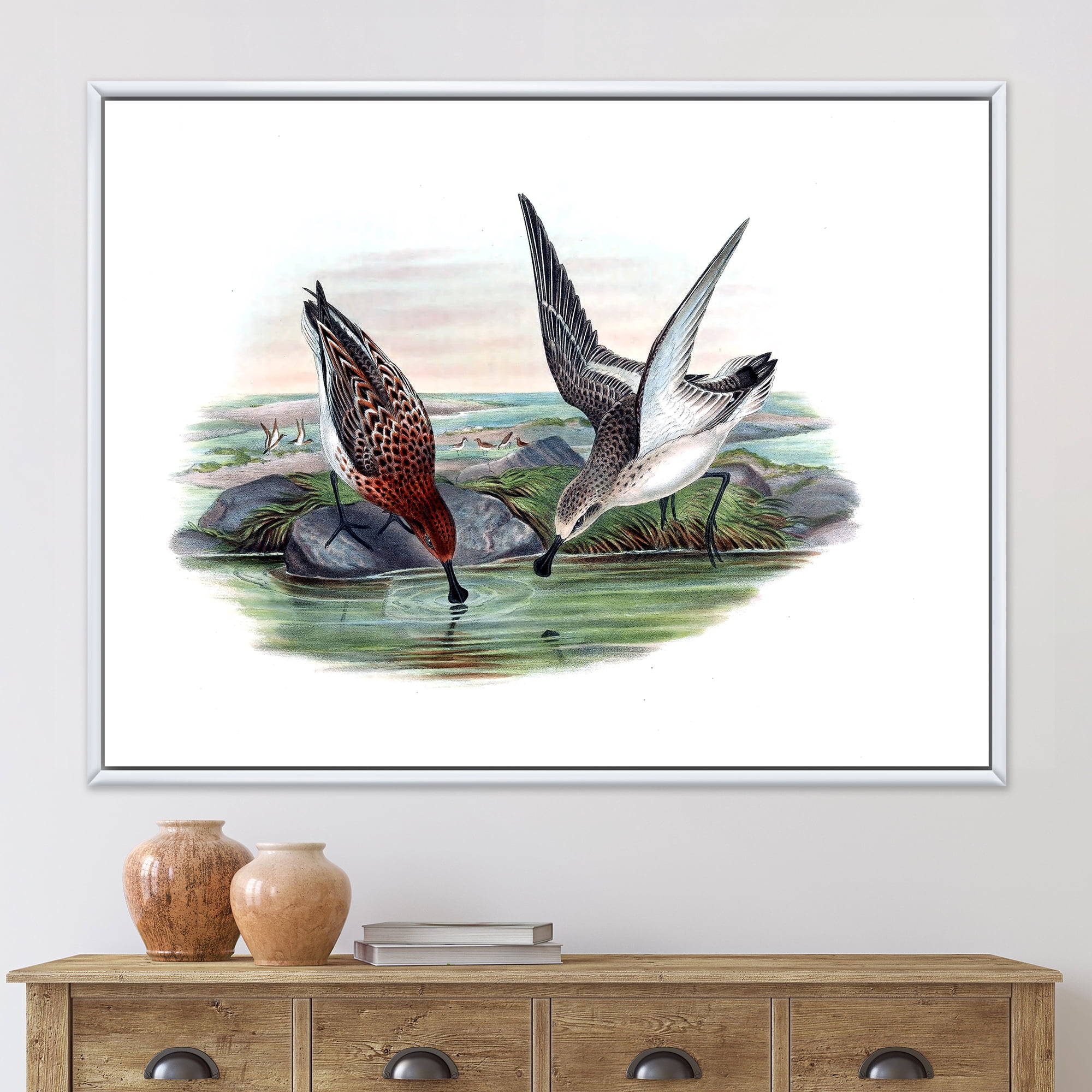 Vintage Countryside Two Birds In Lake 40 in x 30 in Framed Painting Canvas Art Print, by Designart