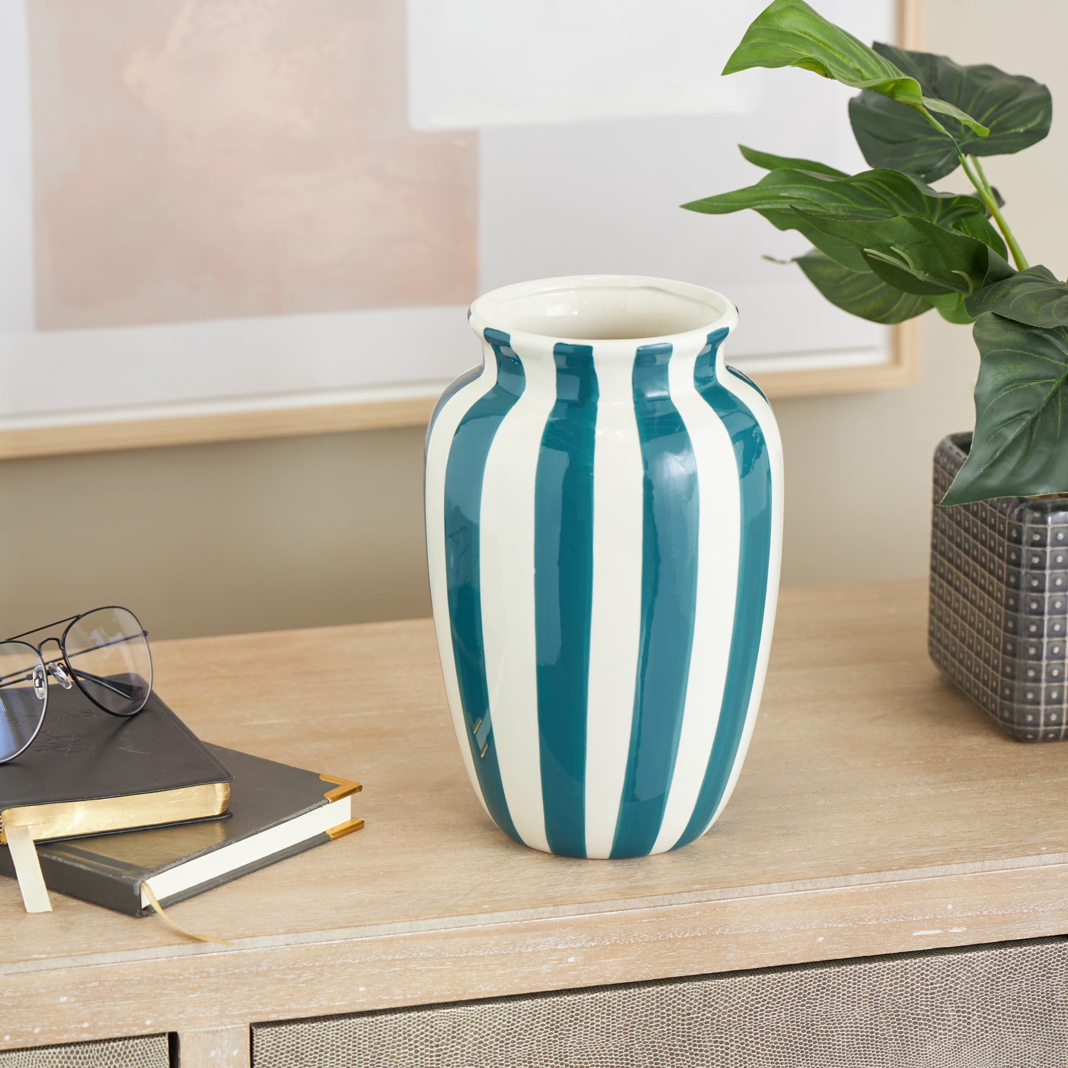 DecMode 10" Round Wide Teal Ceramic Vase with White Vertical Stripes
