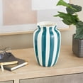 thumbnail image 2 of DecMode 10" Round Wide Teal Ceramic Vase with White Vertical Stripes, 2 of 9