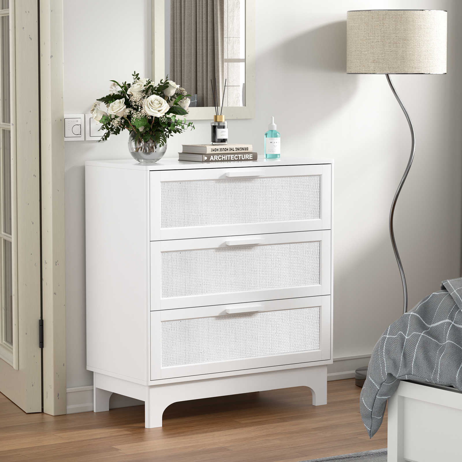 Eumyviv 3 Drawer Dresser, White Rattan Dresser for Bedroom Chest of Drawers for Living Room Bedroom, White H0151