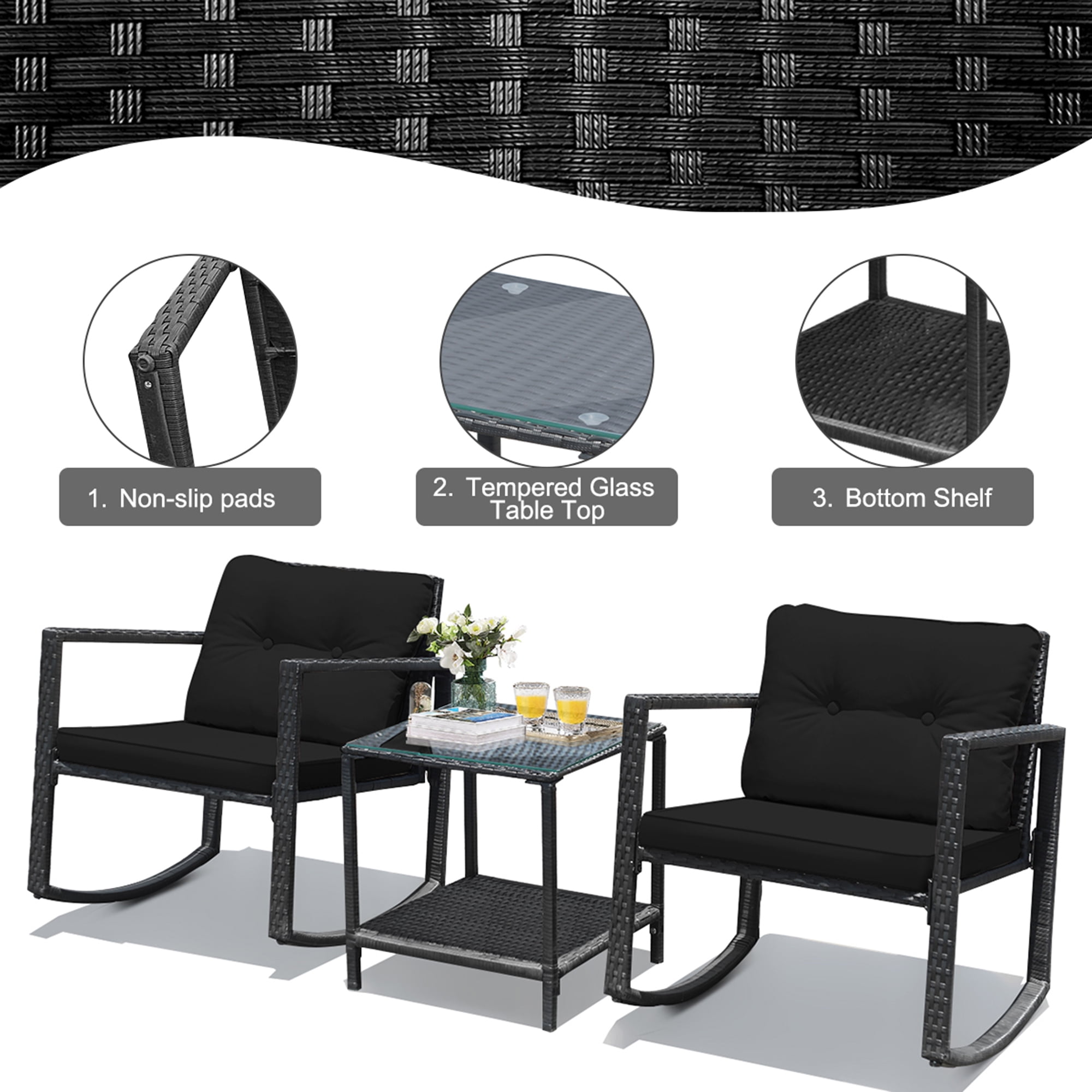 Gymax 3PCS Rattan Rocking Chair Table Set Patio Furniture Set w/ Black Cushions