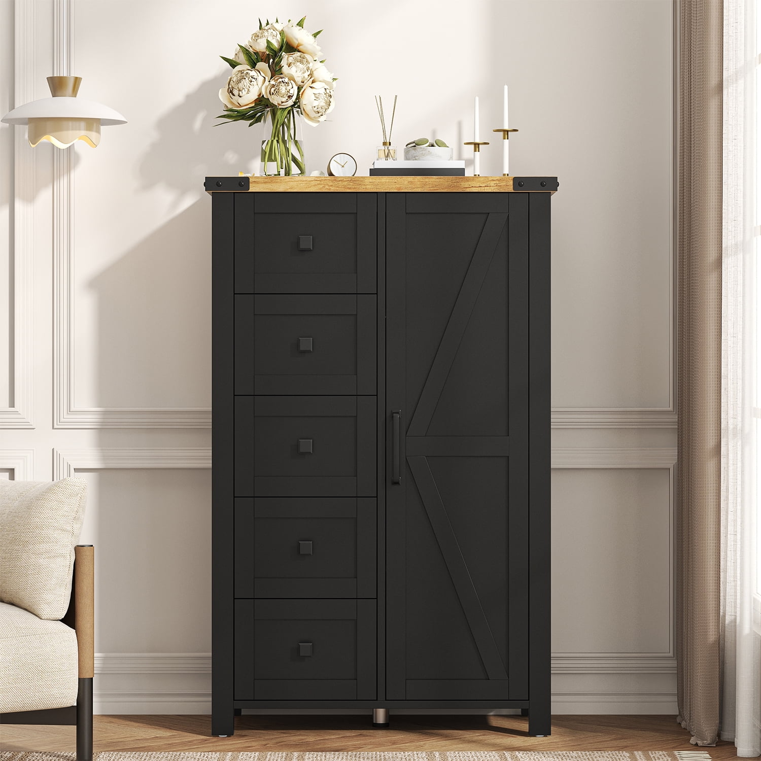 VVFLU Farmhouse 5 Drawer Dresser Storage Cabinet Chest of Drawer for Bedroom, 48" Tall Black Wood