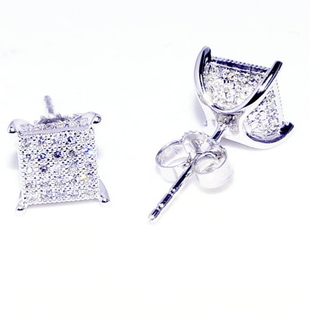 10K White Gold Mens Earrings Diamonds Screw back 6.31mm Wide Pave Iced Out (1/5 cttw, I2/I3 Clarity)