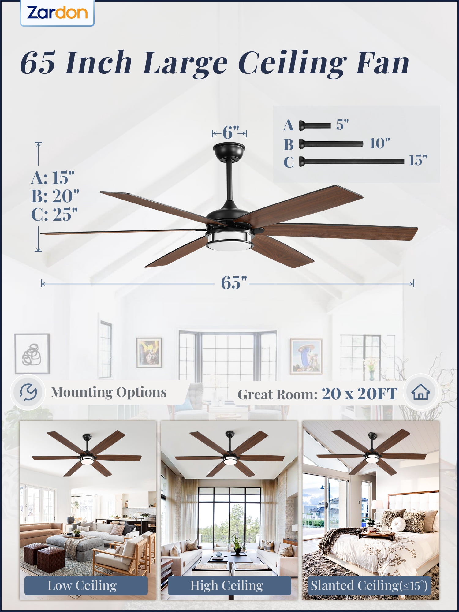 Zardon 65in Ceiling Fans with Light and Remote Control, Large Farmhouse Ceiling Fans with Reversible 6-Speed for Indoor, Black