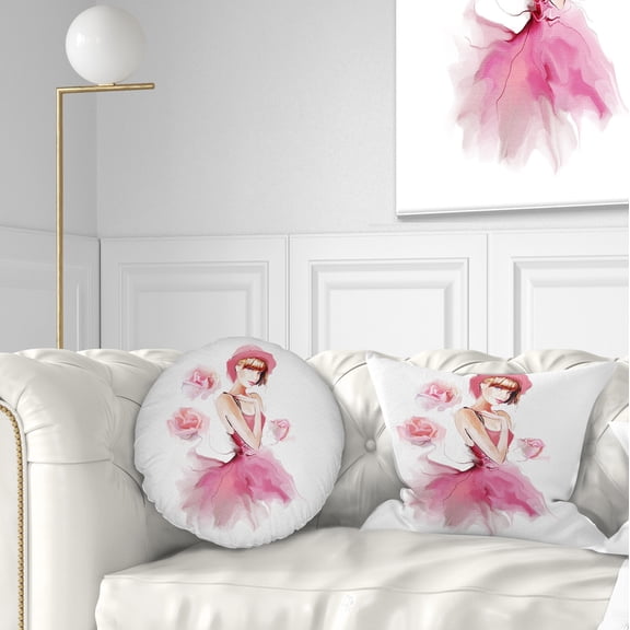 Designart Woman in Pink Dress and Hat - Digital Art Portrait Throw Pillow - 12x20