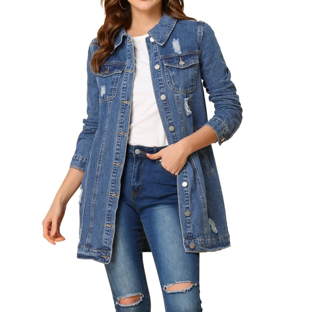 INSPIRE CHIC Women's Casual Long Sleeve Button Down Long Distressed Denim Jacket XL Light Blue