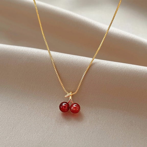 Dainty 14K Gold Plated Cherry Necklace for Women 925 Sterling Silver Red Garnet Gemstone Cubic Zirconia Pendant Choker Necklace Jewelry