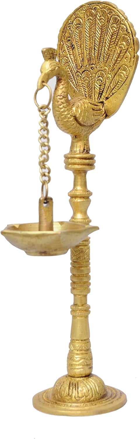 PARIJAT HANDICRAFT Handmade Indian puja Golden Peacock Five Wicks Oil lamp for Diwali Pooja Article akhand Diya for Pooja Purpose