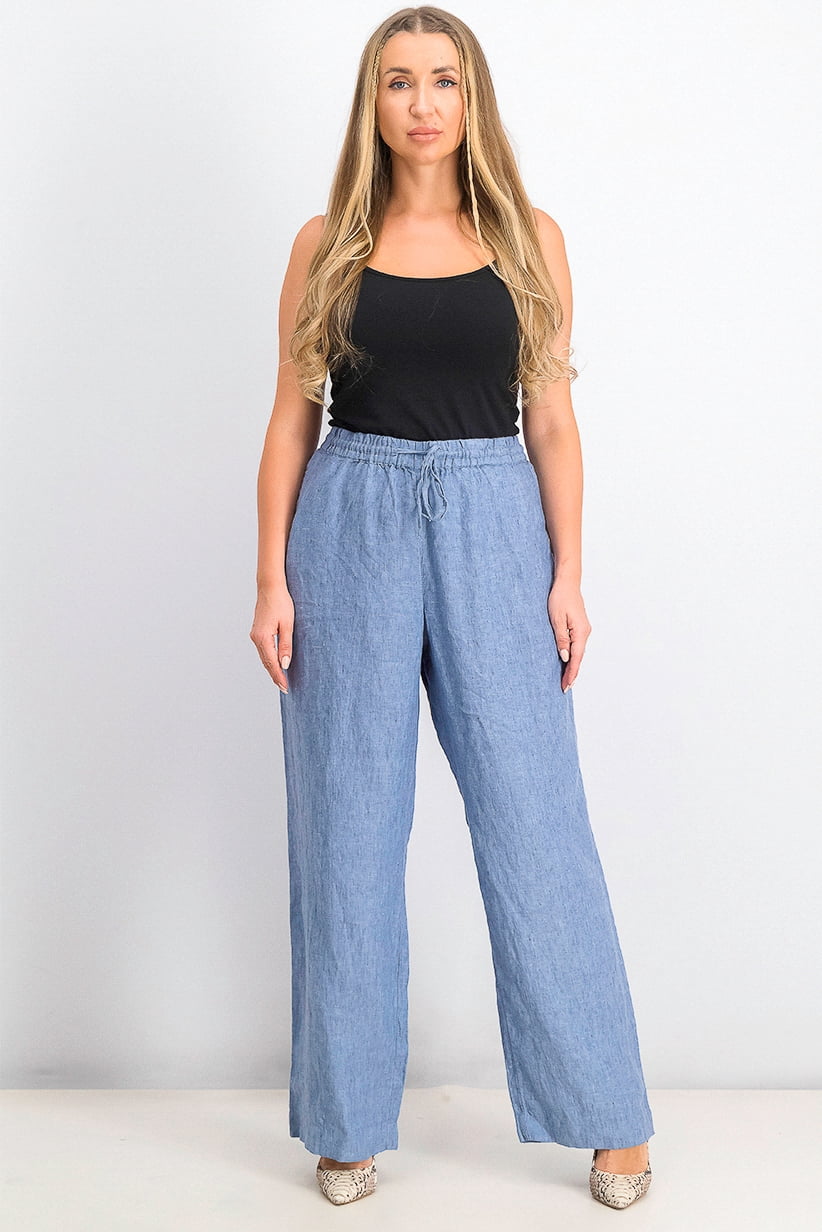 Linen Drawstring Waist Pants Blue 