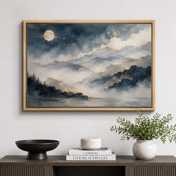 Framed Canvas Print Moonlit Misty Mountains Wall Art Landscape Artwork Decoration for Living Room Bedroom - 16"x24" NATURAL Frame