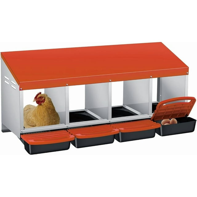 Ourlova 3/4-Hole Metal Chicken Nesting Box with Removable Roll-Out Tray – Easy Egg Collection & Cleaning, Galvanized Steel Laying Box for Backyard Coop & Poultry Farm