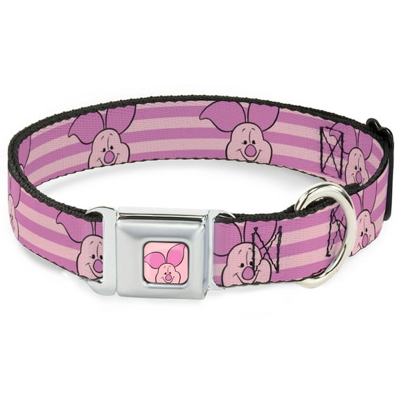 Disney Pet Collar, Dog Collar Metal Seatbelt Buckle, Winnie the Pooh Piglet Expression Close Up Stripe Pinks, 9.5 to 13 Inches 1.0 Inch Wide