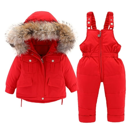 Hpapadks Toddler Snow Suit Kids Winter Thick Warm Long Sleeve Hooded Down Coat Down Paraks Jumpsuit Pants Baby Snowsuit Red 18 Months-24 Months