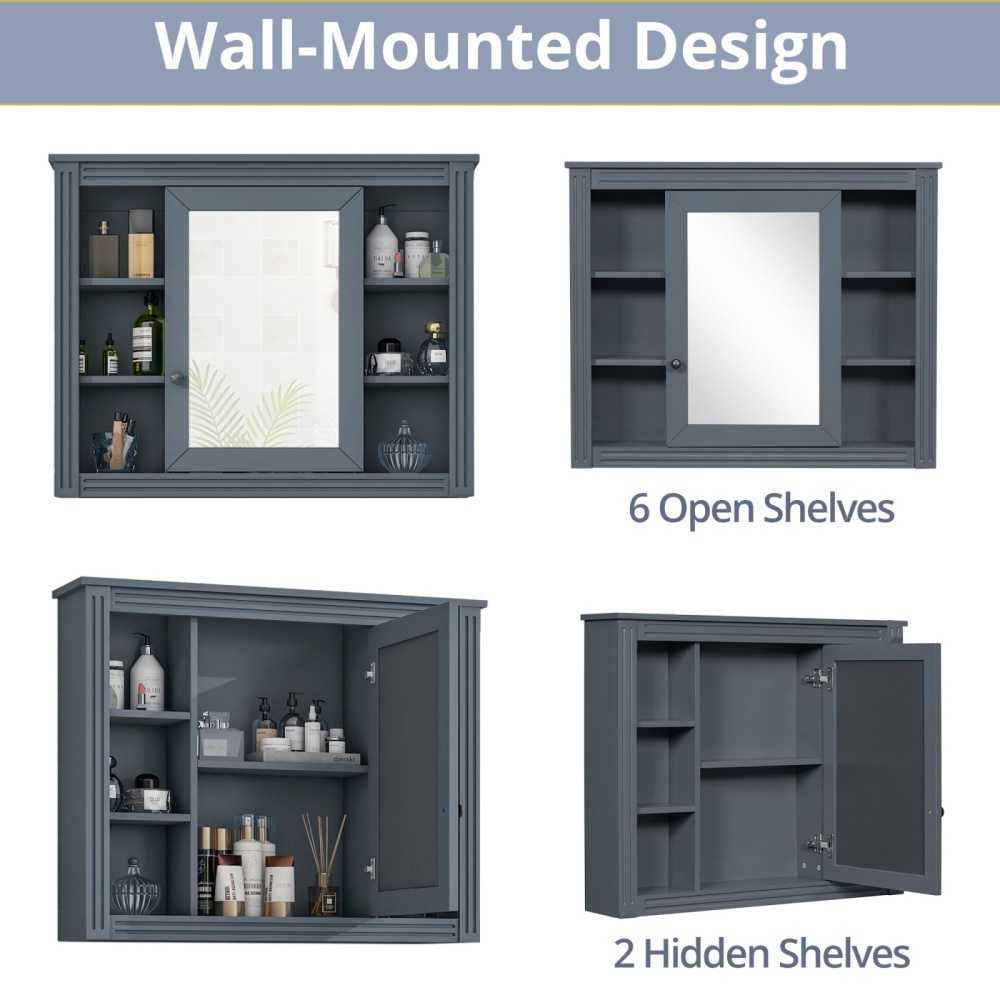 36" Bathroom Vanity Set with Resin Sink and Wall Mounted Mirror Cabinet, Modern Freestanding Single Cabinet Combo with Storage Shelves & 2 Drawers & 2 Soft Closing Doors, Vintage Handles, Blue