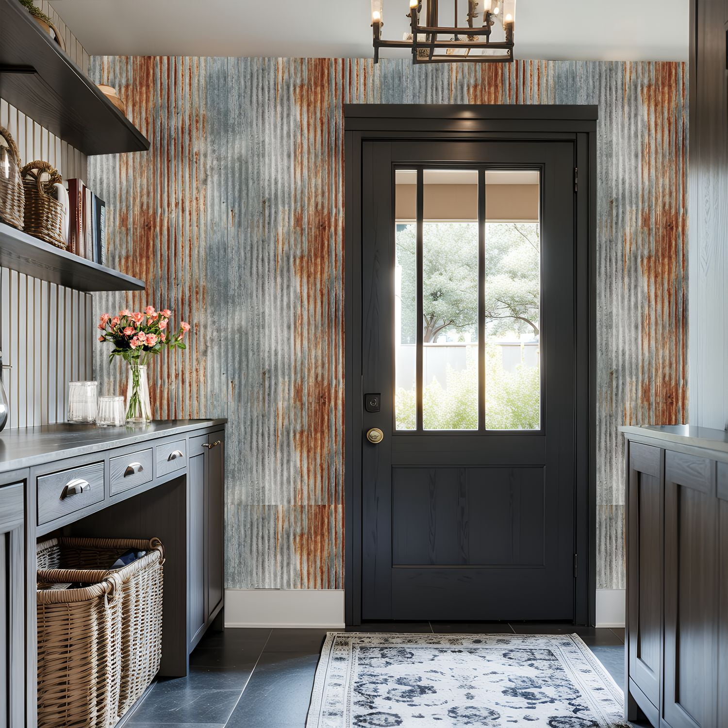 Modern Industrial Rusty Corrugated Metal Texture Weathered Gray Orange Patina Wall Mural 17.7in x 9.8ft Self Adhesive Removable Wall Paper Renter Friendly Wallpaper for Bedroom Cabinets