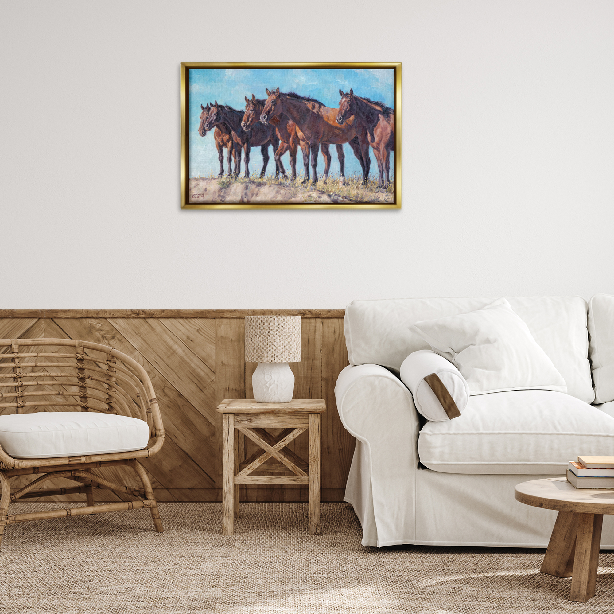 Stupell Industries Horse Herd Overlooking Desert Animals & Insects Painting Gold Floater Framed Canvas Art Print Wall Art, 31 x 21
