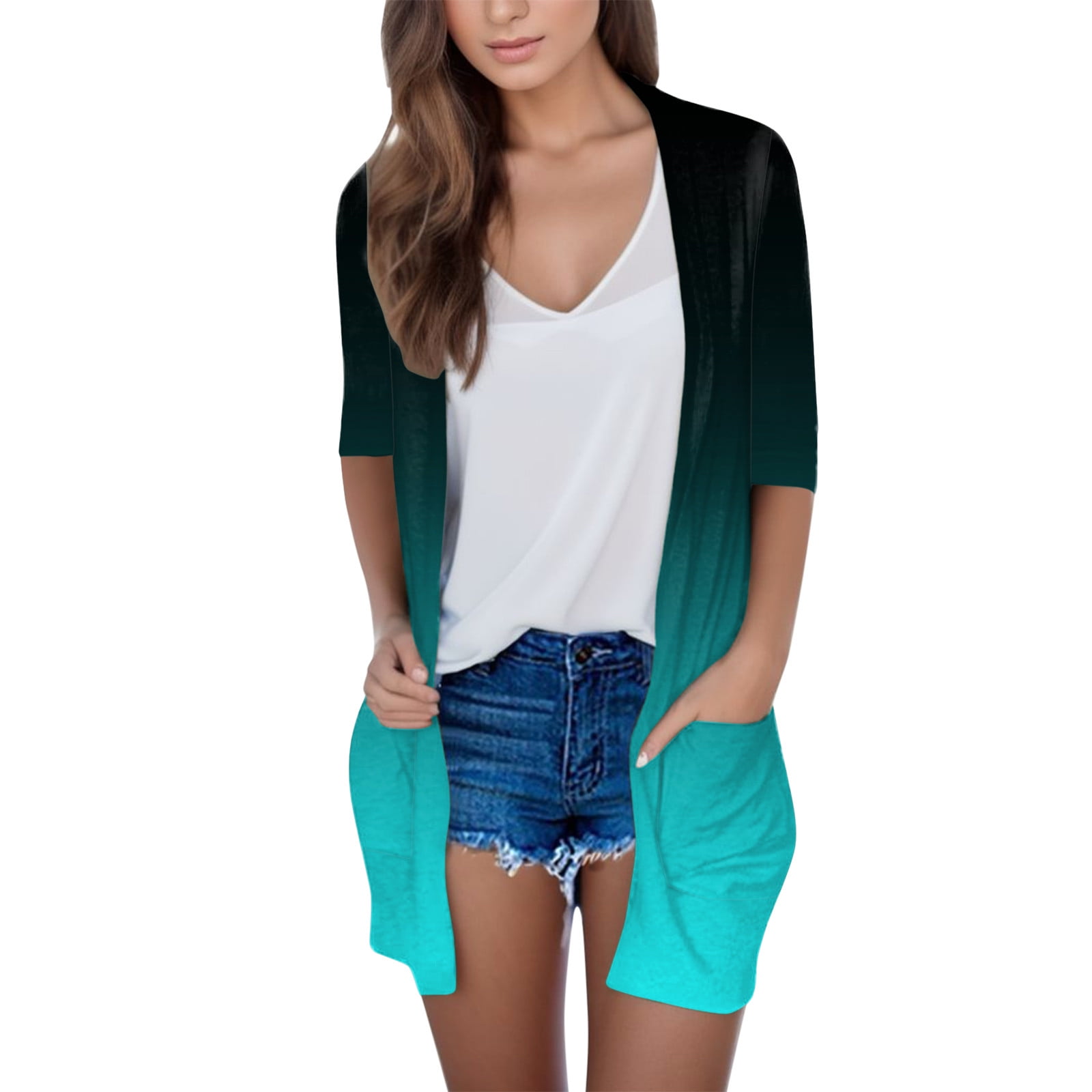 PMUYBHF Female Cropped Cardigan Sweaters For Women Womens Lightweight Open Front Cardigans Summer Fall Outwear Tops Thin Cover Ups Three Quarter Sleeve Sweater Casual Coats Tops Print Cardigan Walmart...