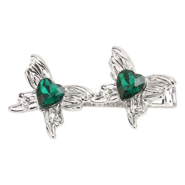 Horquilla Mariposa Metal Plata Doble Mariposa Cristales Centrales Linda Horquilla Glamurosa Verde