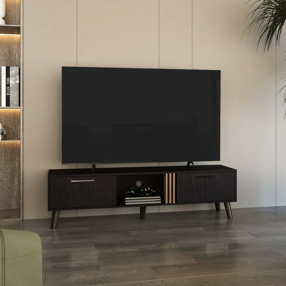 63" Tv Stand With Two Pull-down Cabinets And Contemporary Design - Black Oak Wide For Home Entertainment,