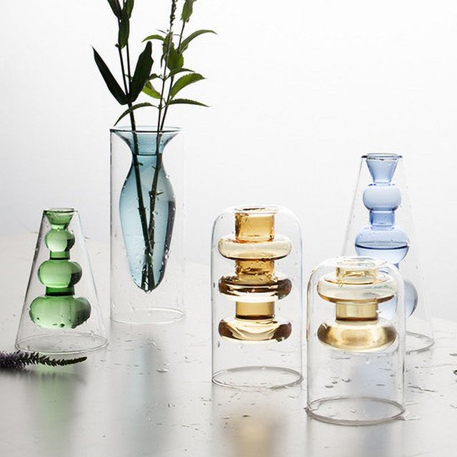 Jarrón de vidrio doble creativo, minimalista y moderno, transparente, con diseño de flores personalizado