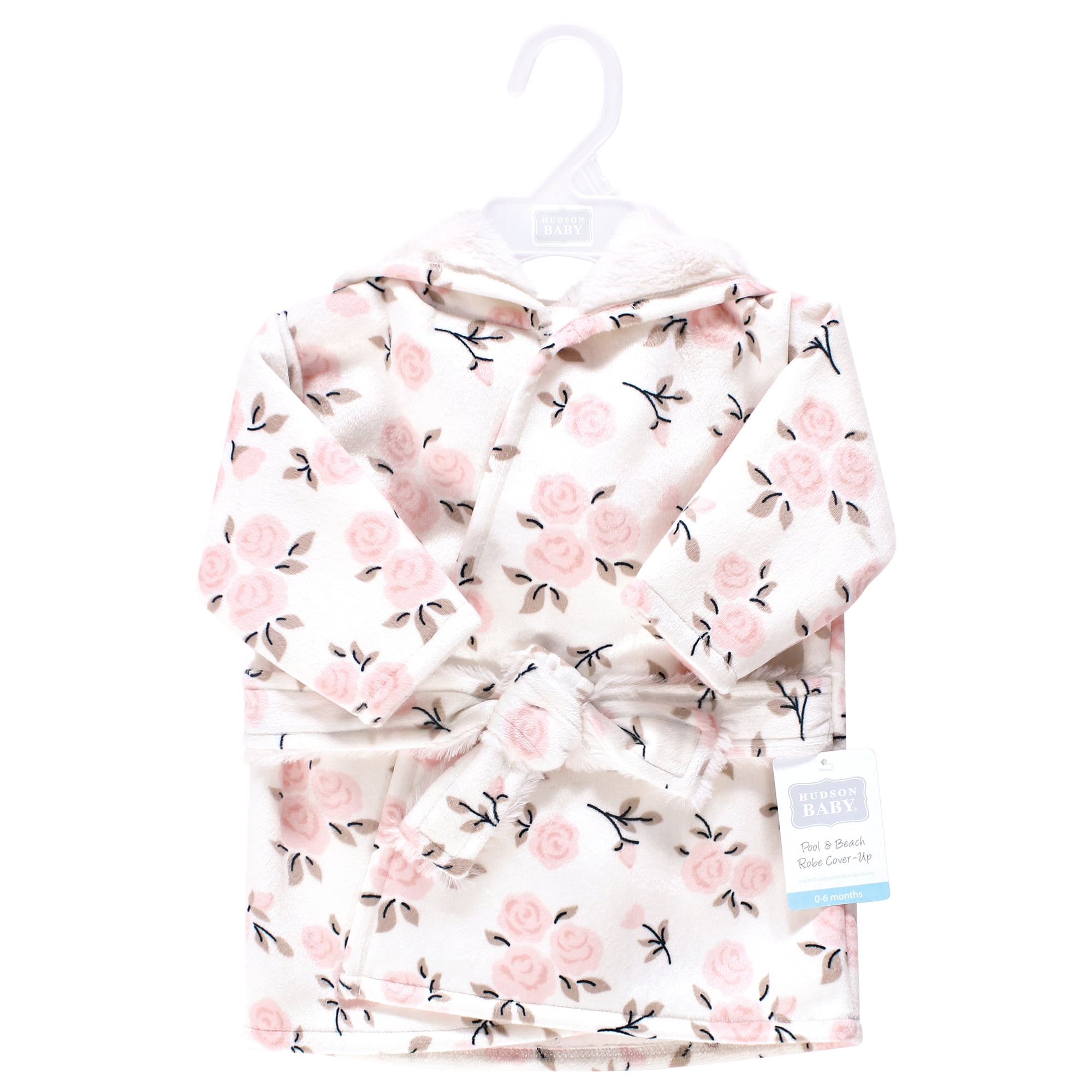 Hudson Baby Infant Girls Mink with Faux Fur Lining Pool and Beach Robe Cover-ups, Neutral Pink Floral, 6-12 Months