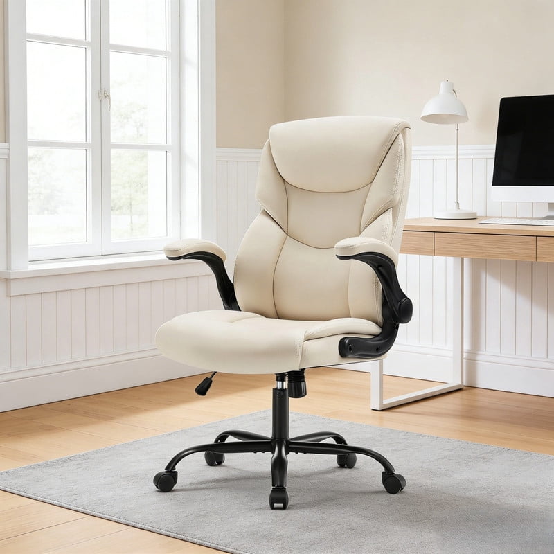 Kelno PU Leather Executive Office Chair with Flip Up Armrest Ergonomic Drafting Chair,White