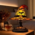 thumbnail image 2 of AZXY Halloween Decor Tabletop Lights, Stained Glass Witch Hat LED Table Lamp with Bat Pumpkin Pattern, Warm Glow Vintage Figurine Ornament for Mantel Desk Indoor Halloween Home Party Decor, 2 of 7
