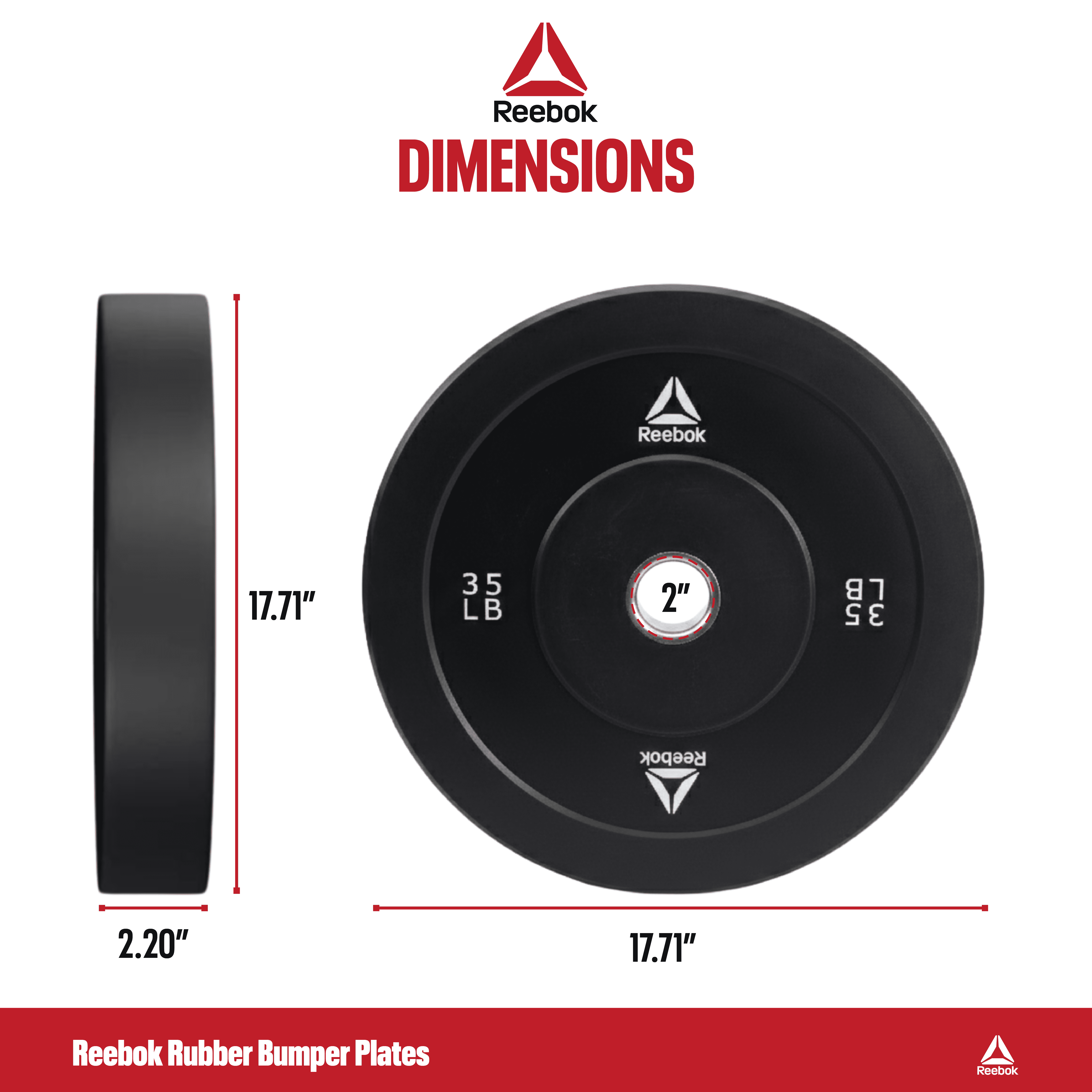 Reebok 35lb Olympic Rubber Bumper Plate – Low-Bounce Plates for Strength Training
