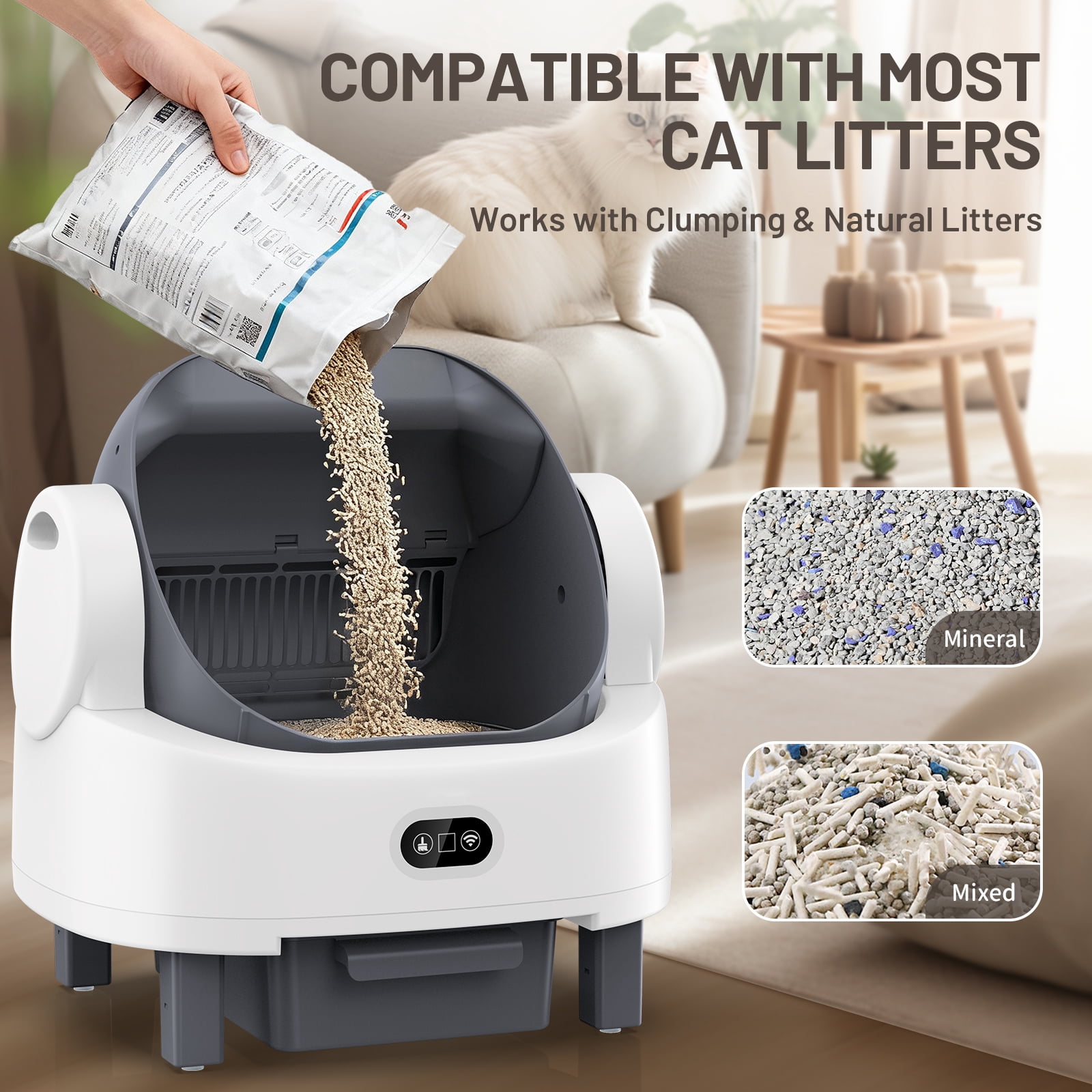 Smart Self-Cleaning Litter Box for Multiple Cats - Automatic Open-Top Cat Litter Box with App Control, 12 Safety Sensors & Odor Control - Includes Litter Liner Bags & Waterproof Litter Mat - White