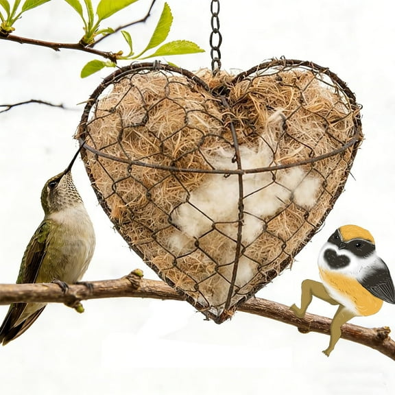 Handmade Fiber Bird Nesting Heart, Birds Nests Material Holder, Hummingbird Nest Boxes for Outside, Winter Fowl Gifts Animal Hummingbirds Lovers Home Garden Yard(1Set)