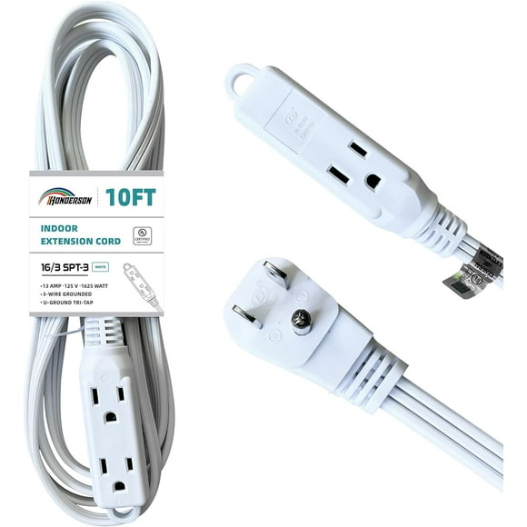 shiyou-3-Outlets Flat Plug Extension Cord Outlet Extender, UL Listed, Indoor Extension Cord 16 Gauge 10FT White 3 Prong Flat Extension Cord Multiple Outlets, 16/3 SPT-3 13A Flat Plug Power Strip