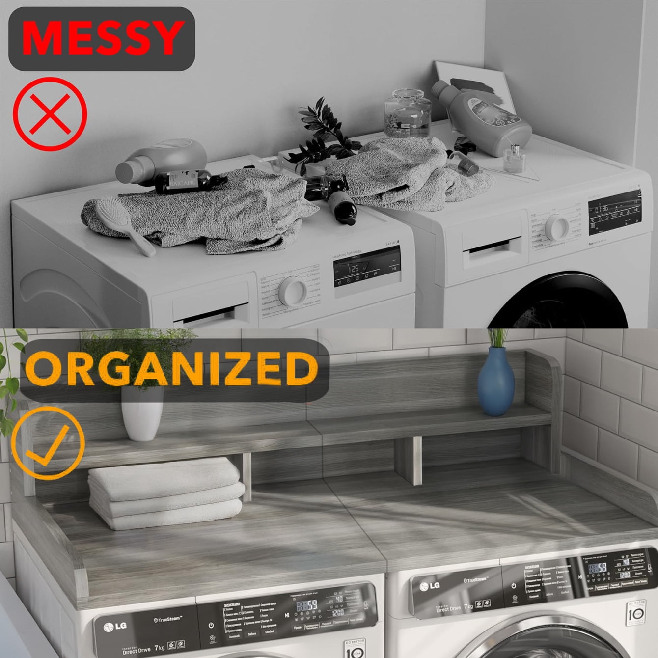 Washer Dryer Waterproof Countertop, Laundry Wood Shelf Topper with 2.75 Railimgs Edge, 54" x 27.5" Double Layer Organizer for Washer and Dryer Laundry Hamper Counter Storage Organization, Gray +White