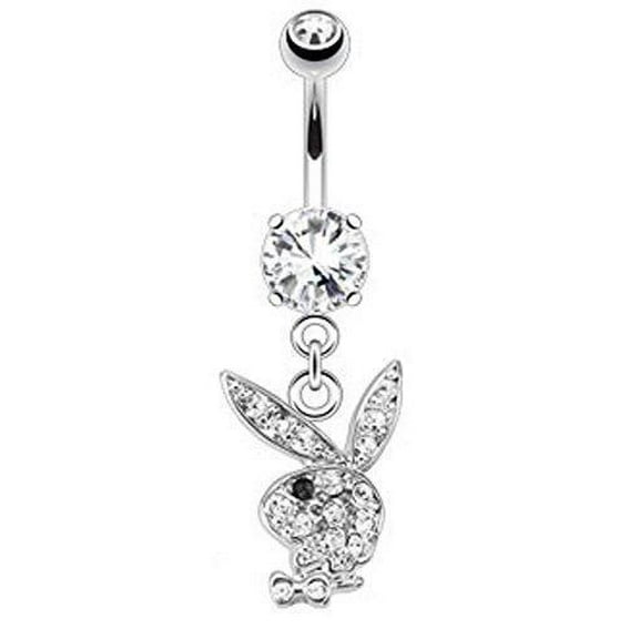 Belly Button Ring Multi Paved Gems on Playboy Bunny Dangle 316L Surgical Steel Navel Ring