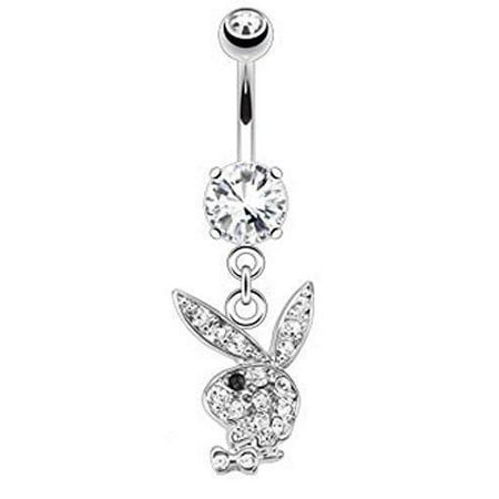 Multi Stone Dangle - Belly Button Ring Multi Paved Gems on Playboy Bunny Dangle 316L Surgical Steel Navel Ring