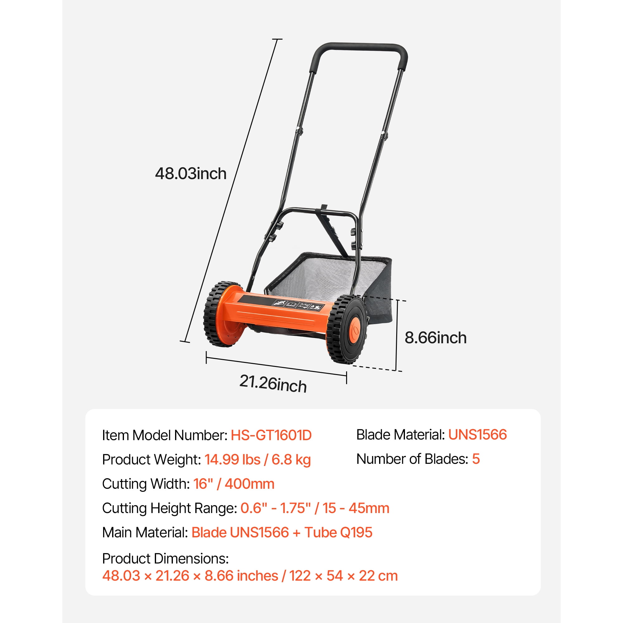 KFFKFF 16-Inch Manual Push Reel Lawn Mower, 5-Blade Design, Adjustable Cutting Height from 0.6 to 1.75 Inches, Walk-Behind Mower with Grass Collection Bag for Lawns, Driveways, and Courtyards
