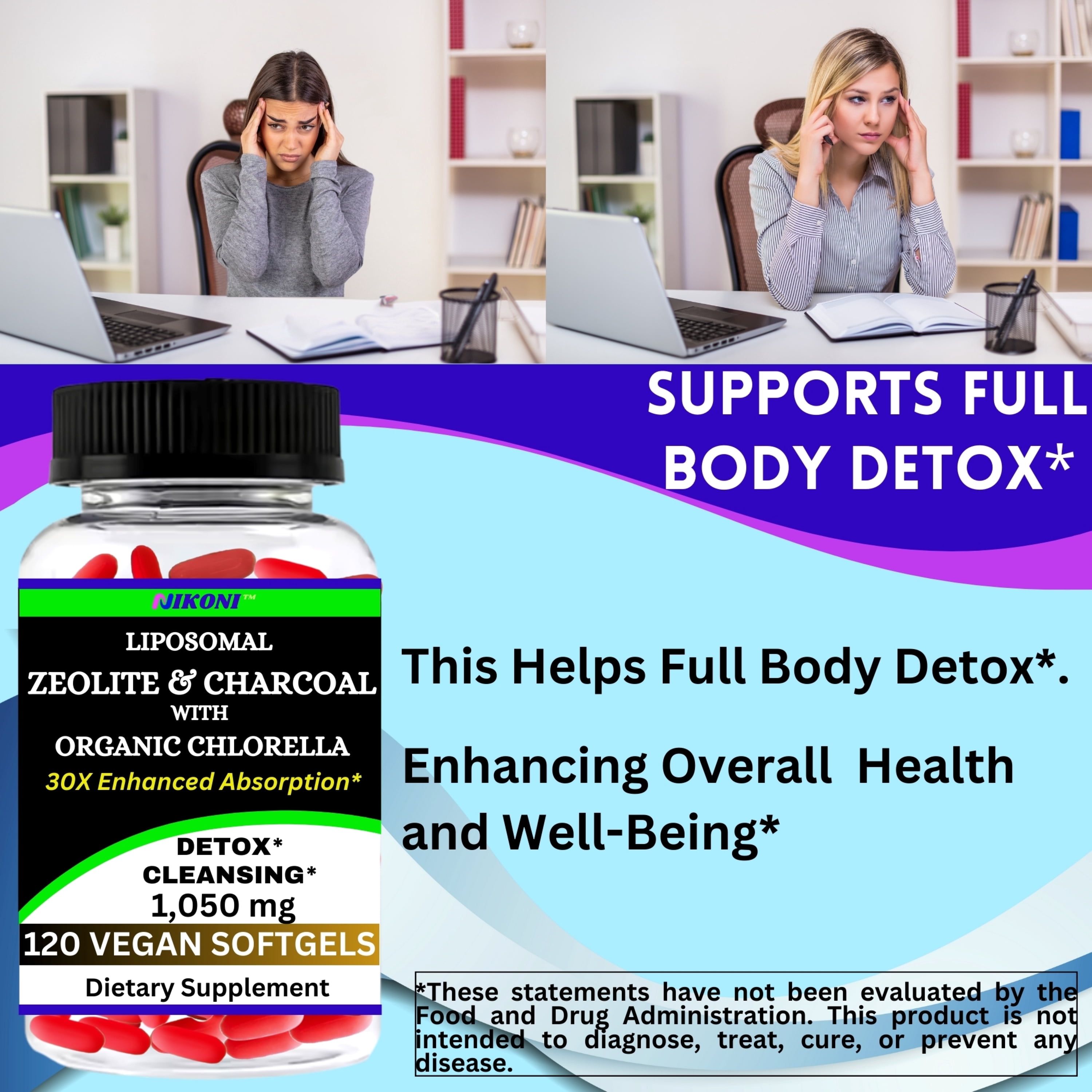Nikoni Liposomal Clinoptilolite Zeolite, Charcoal and Organic Chlorella Supports Detox 120 Vegan Softgels