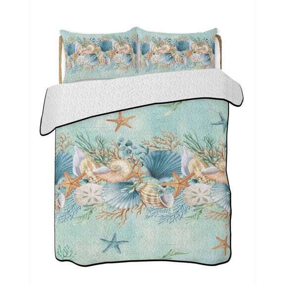 Twin Quilt Bedding Set, Beach Coastal Teal Reversible Summer Quilt 3 Pieces, Nautical Shell Starfish Coral Summer Lightweight Bedspreads Coverlets with 2 Pillow Shams for All Seasons
