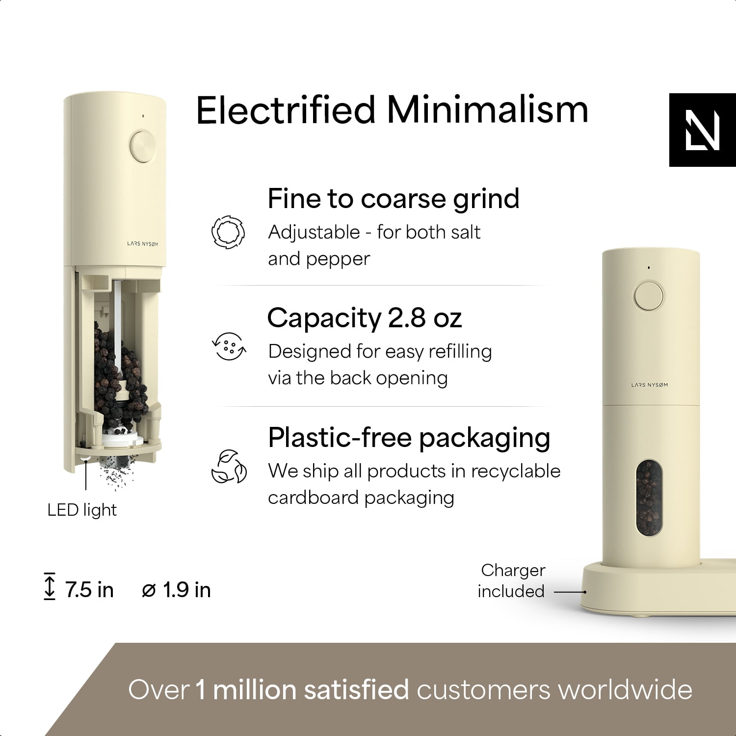 LARS NYSØM Electric Salt and Pepper Grinder Set I Automatic Salt and Pepper Mills with Adjustable Ceramic Grinder I USB Rechargeable Electric Spice Mill Set (Almond Beige)